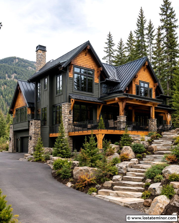 Soft Black Mountain House With Cedar Shake - 30 Soft Black House Design With Cedar Shake Ideas