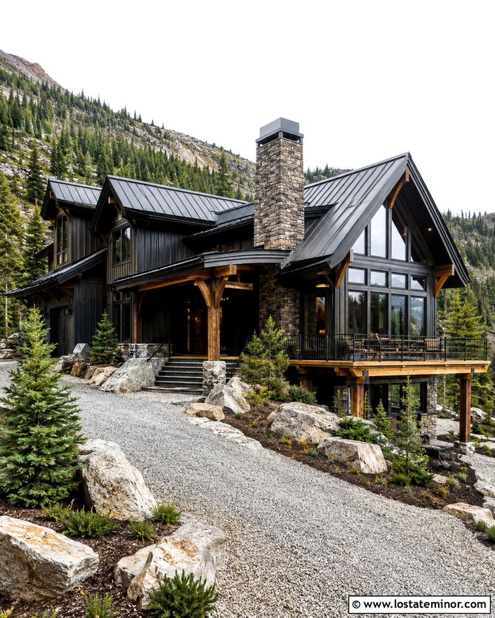 Soft Black Mountain House With Gables - 30 Soft Black House Design With Gables Ideas