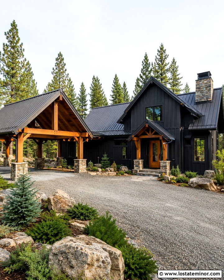 Soft Black Mountain House With Heavy Timber Carport - 30 Soft Black House Design With Carport Ideas