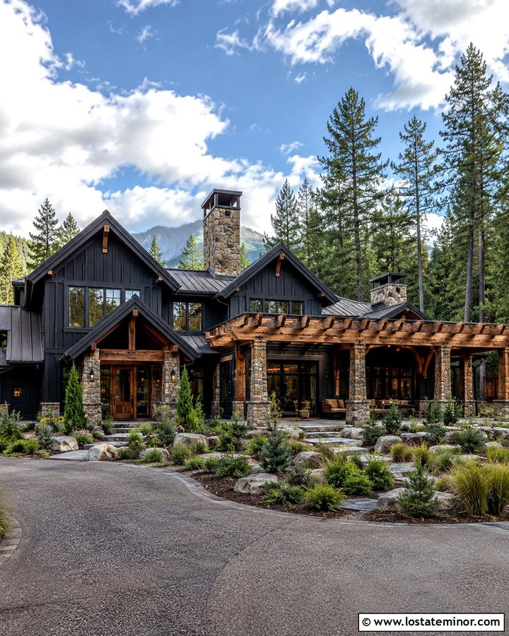 Soft Black Mountain House With Heavy Timber Pergola - 30 Soft Black House Design With Pergola Ideas