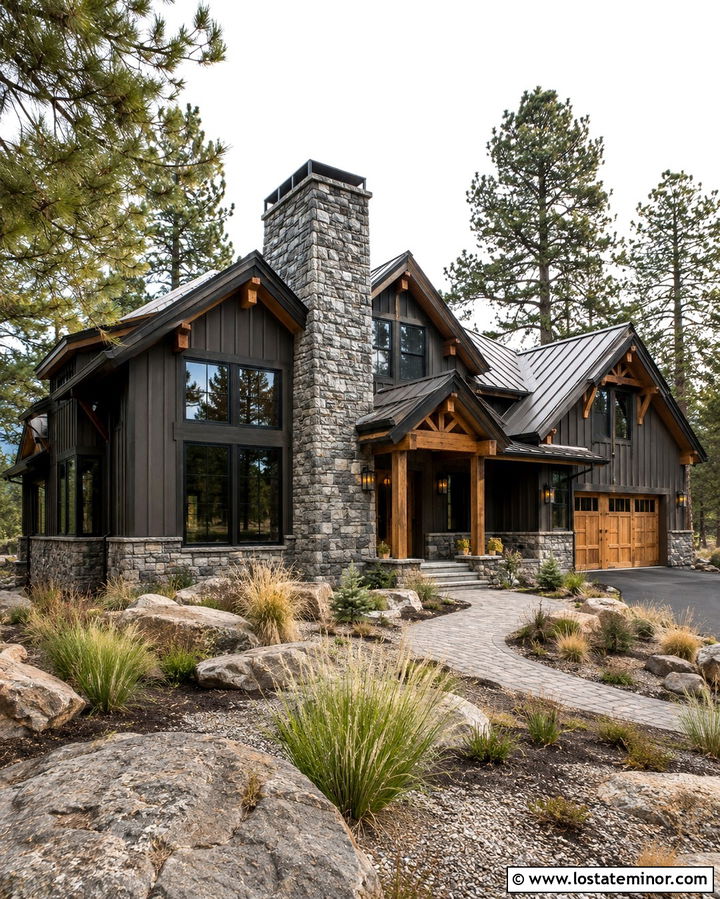Soft Black Mountain House With Ledgestone Chimney - 30 Soft Black House Design With Chimney Ideas