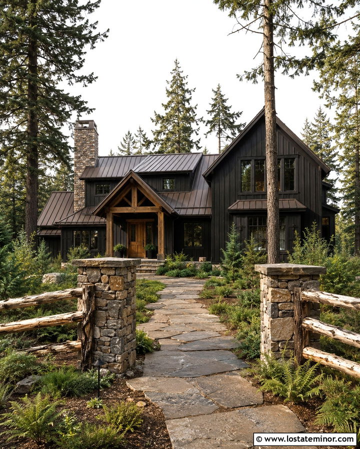 Soft Black Mountain House With Log Fence - 30 Soft Black House Design With Fence Ideas