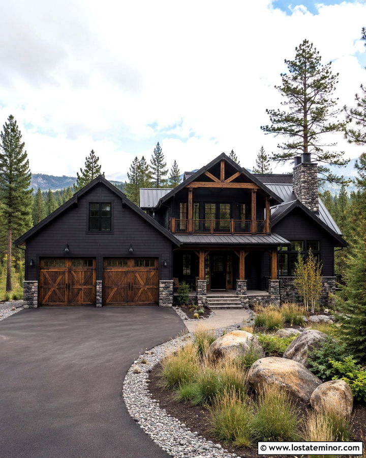 Soft Black Mountain House With Reclaimed Wood Garage - 30 Soft Black House Design With Garage Door Ideas