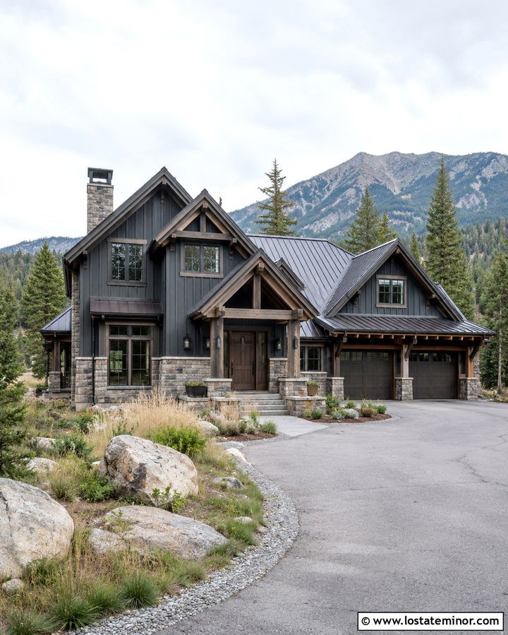 Soft Black Mountain House With Rustic Stone - 30 Soft Black House Design With Stone Accents Ideas