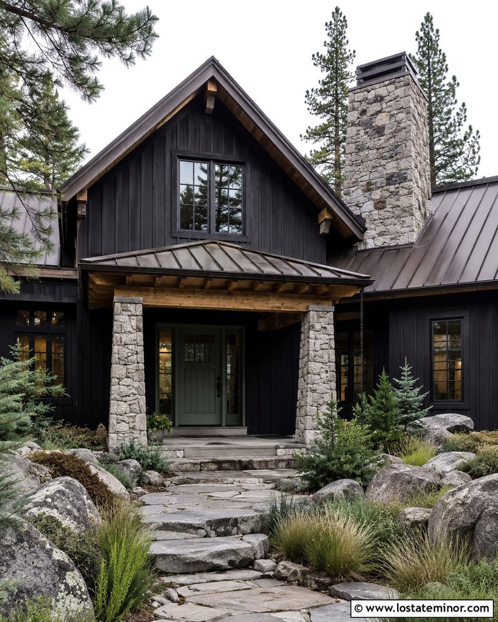 Soft Black Mountain House With Sage Front Door - 30 Soft Black House Design With Front Door Ideas