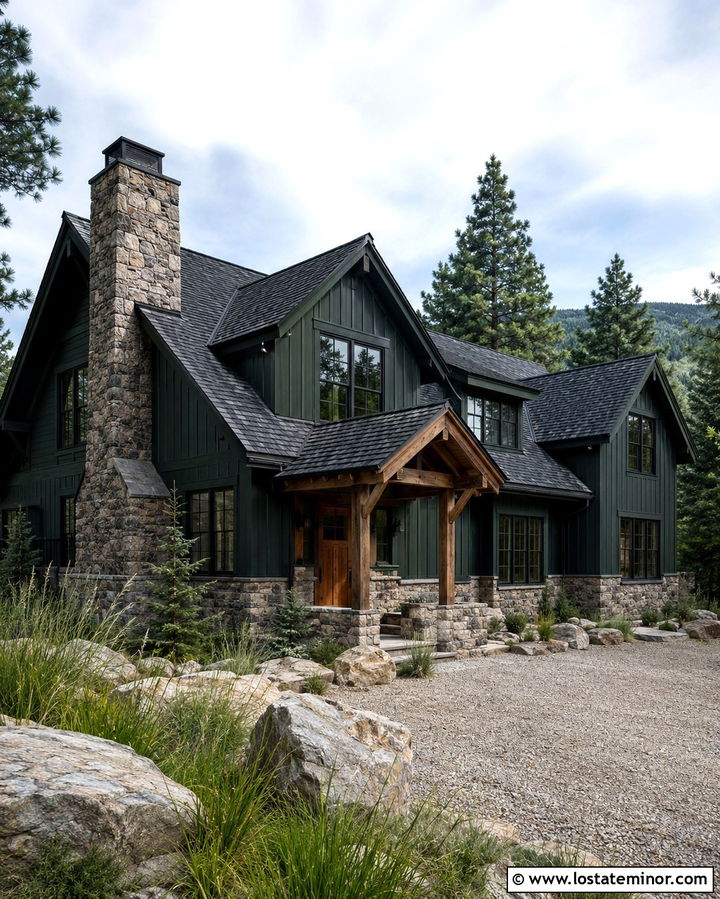 Soft Black Mountain House With Slate Look Shingles - 30 Soft Black House Design With Shingles Ideas