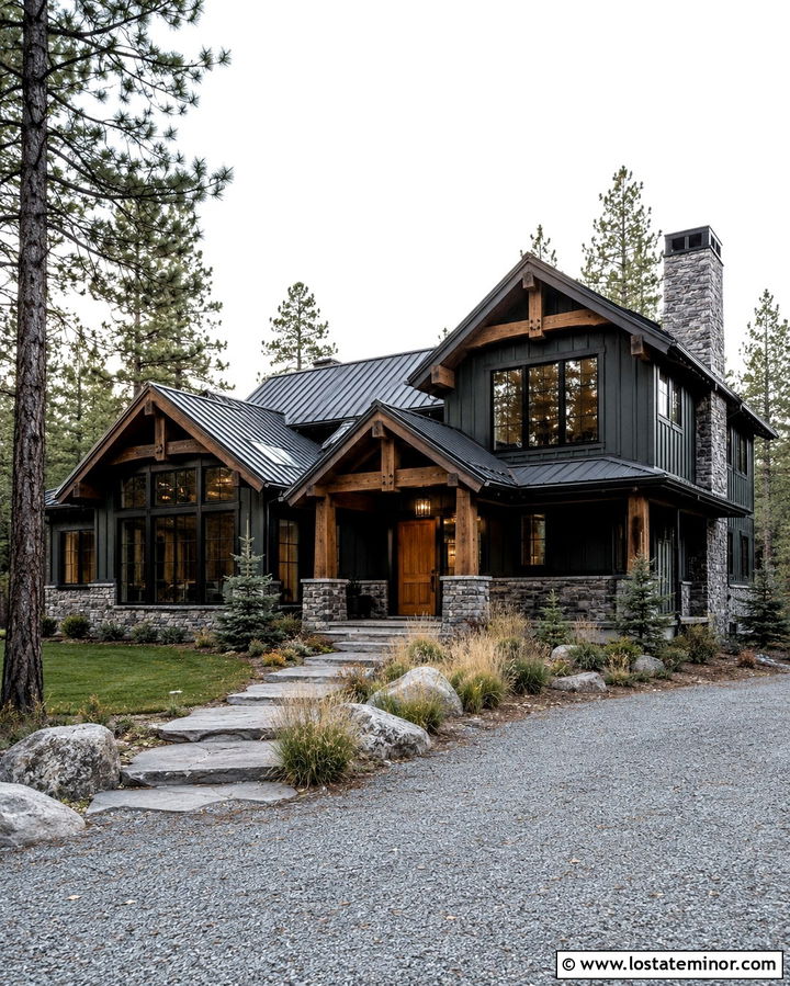 Soft Black Mountain House With Stone Accents - 30 Soft Black House Design With Window Frames Ideas