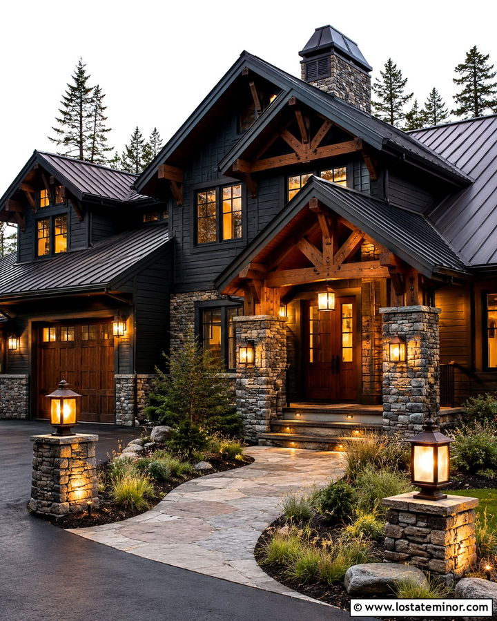 Soft Black Mountain House With Stone Column Lights - 30 Soft Black House Design With Lighting Ideas