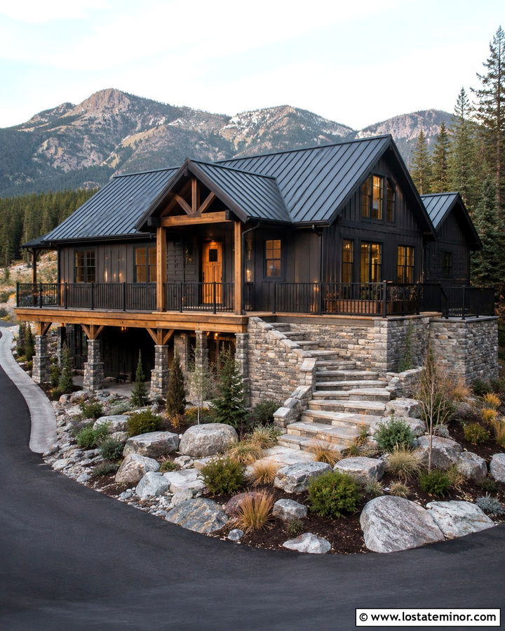 Soft Black Mountain House With Stone Deck Base - 30 Soft Black House Design With Deck Ideas