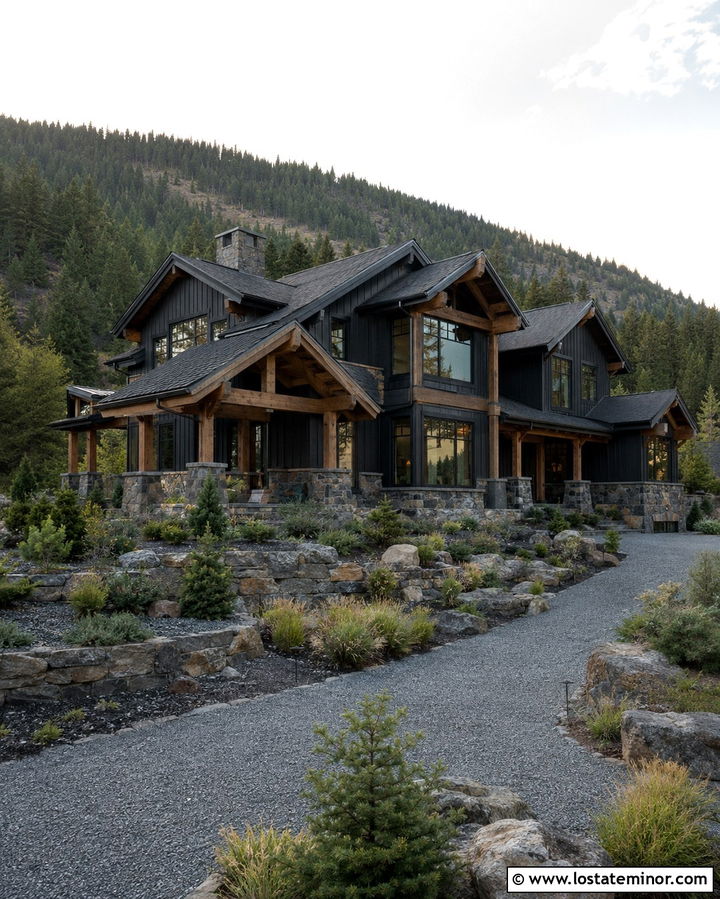 Soft Black Mountain House With Stone Landscaping - 30 Soft Black House Design With Landscaping Ideas