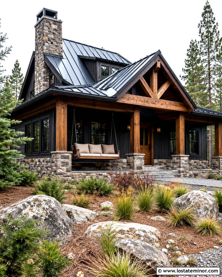 Soft Black Mountain House With Timber Swing - 30 Soft Black House Design With Swing Ideas