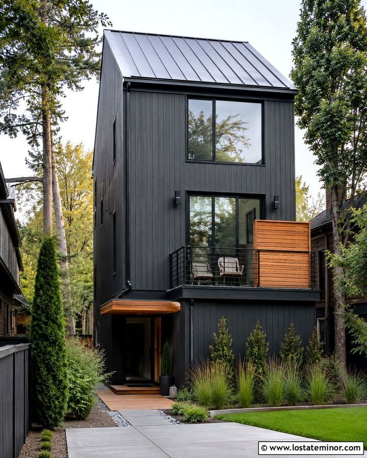 Soft Black Narrow House With Side Deck - 30 Soft Black House Design With Deck Ideas