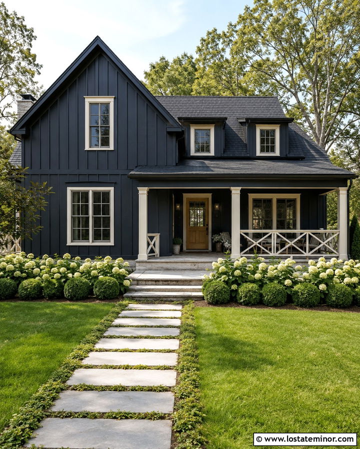 Soft Black Porch With X Railings - 30 Soft Black House Design With Railings Ideas