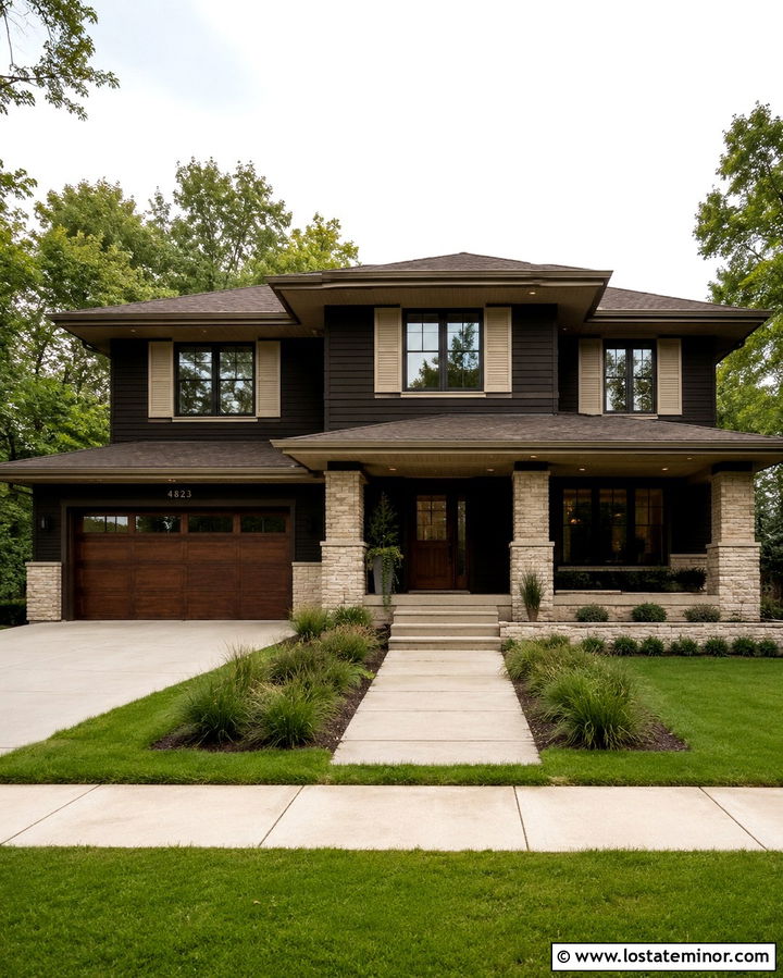 Soft Black Prairie House With Beige Shutters - 30 Soft Black House Design With Shutters Ideas