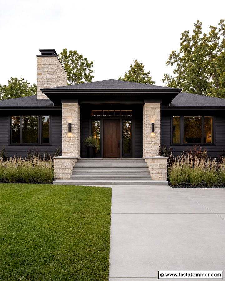 Soft Black Prairie House With Charcoal Shingles - 30 Soft Black House Design With Shingles Ideas