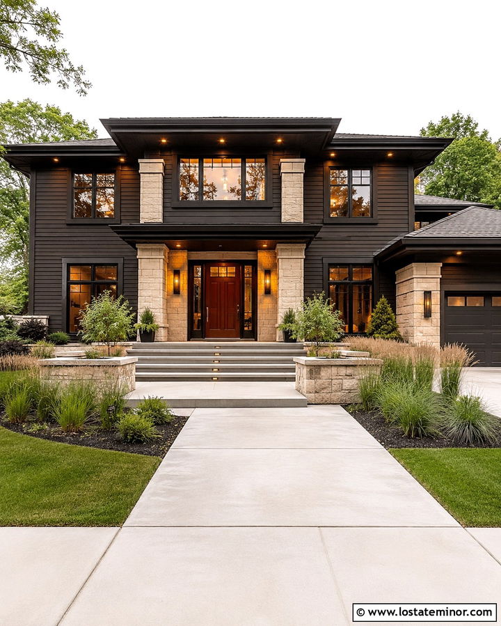 Soft Black Prairie House With Eave Lighting - 30 Soft Black House Design With Lighting Ideas