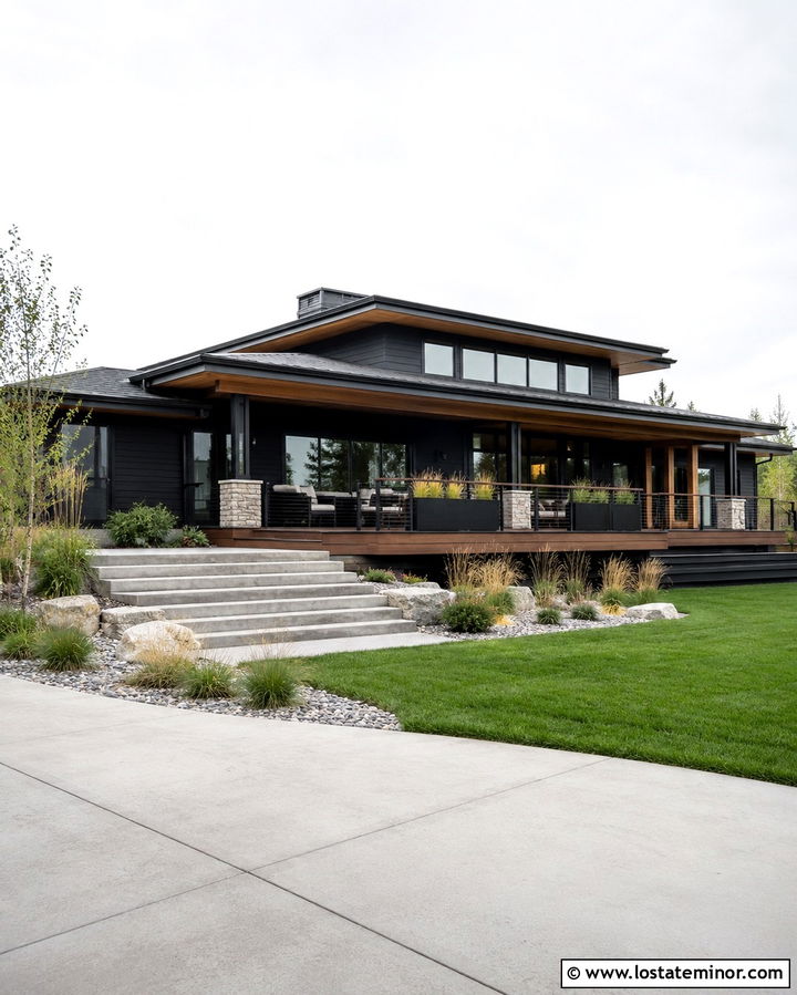 Soft Black Prairie House With Horizontal Deck - 30 Soft Black House Design With Deck Ideas
