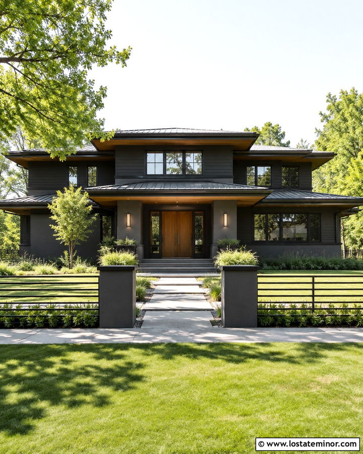 Soft Black Prairie House With Horizontal Metal Fence - 30 Soft Black House Design With Fence Ideas