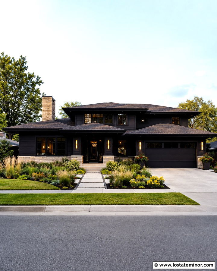 Soft Black Prairie House With Horizontal Sconces - 30 Soft Black House Design With Light Fixtures Ideas
