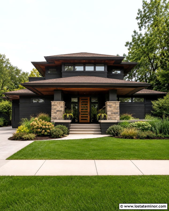 Soft Black Prairie House With Horizontal Screen Door - 30 Soft Black House Design With Screen Door Ideas