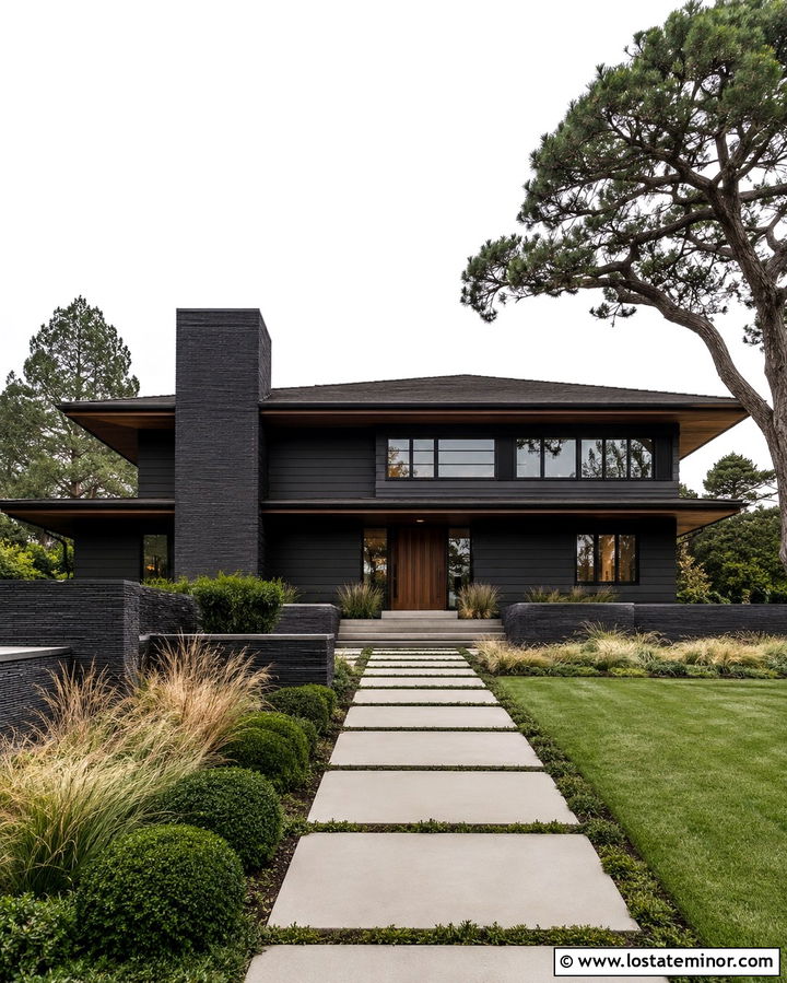 Soft Black Prairie House With Low Brick Chimney - 30 Soft Black House Design With Chimney Ideas