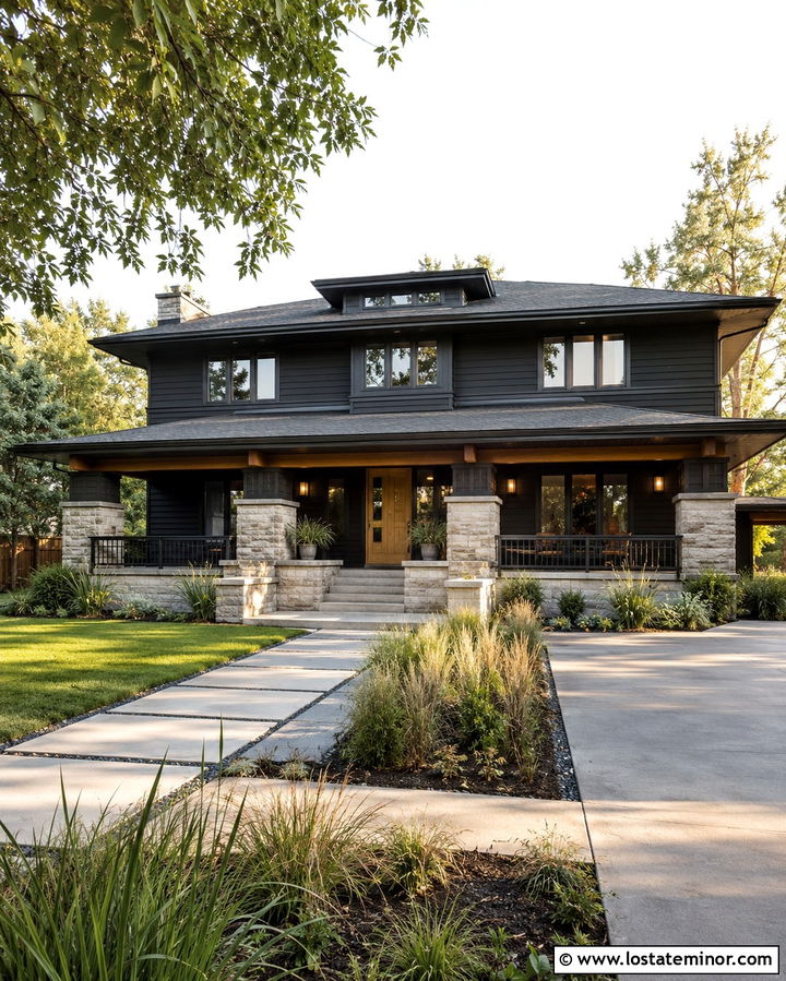 Soft Black Prairie House With Low Front Porch - 30 Soft Black House Design With Front Porch Ideas