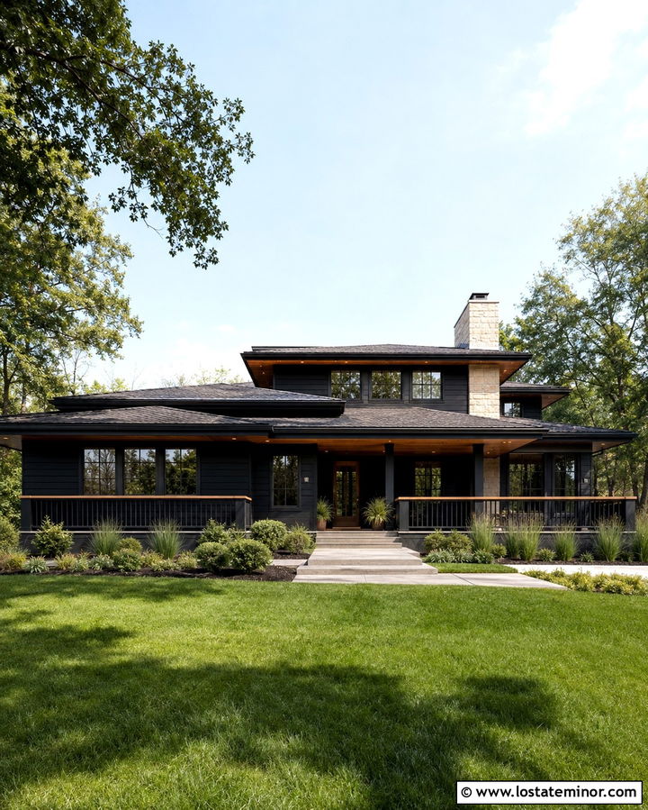 Soft Black Prairie House With Low Railings - 30 Soft Black House Design With Railings Ideas