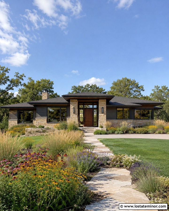 Soft Black Prairie House With Meadow Plants - 30 Soft Black House Design With Landscaping Ideas