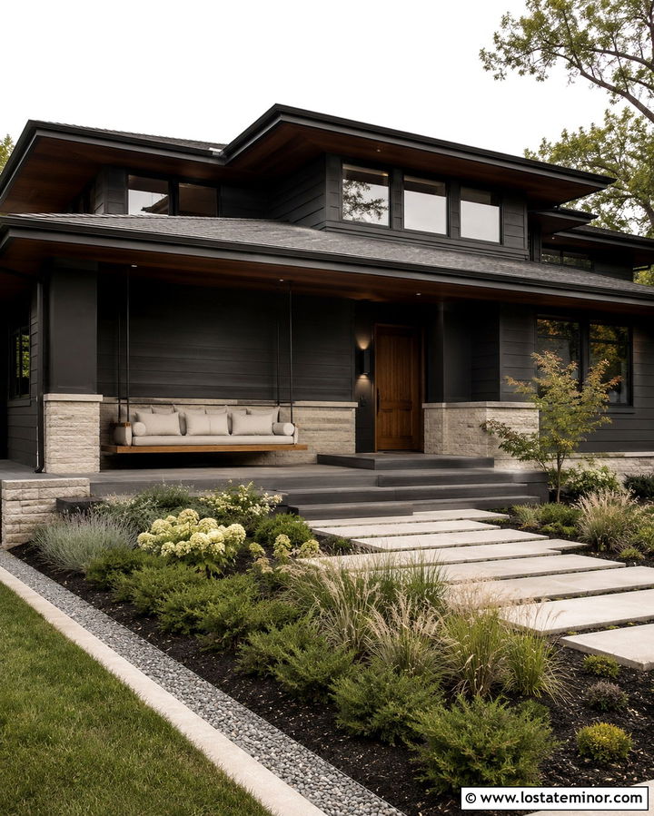 Soft Black Prairie House With Modern Swing - 30 Soft Black House Design With Swing Ideas