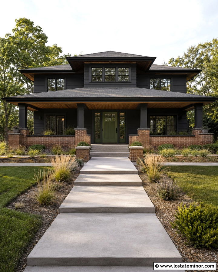 Soft Black Prairie House With Olive Entry Door - 30 Soft Black House Design With Entry Door Ideas