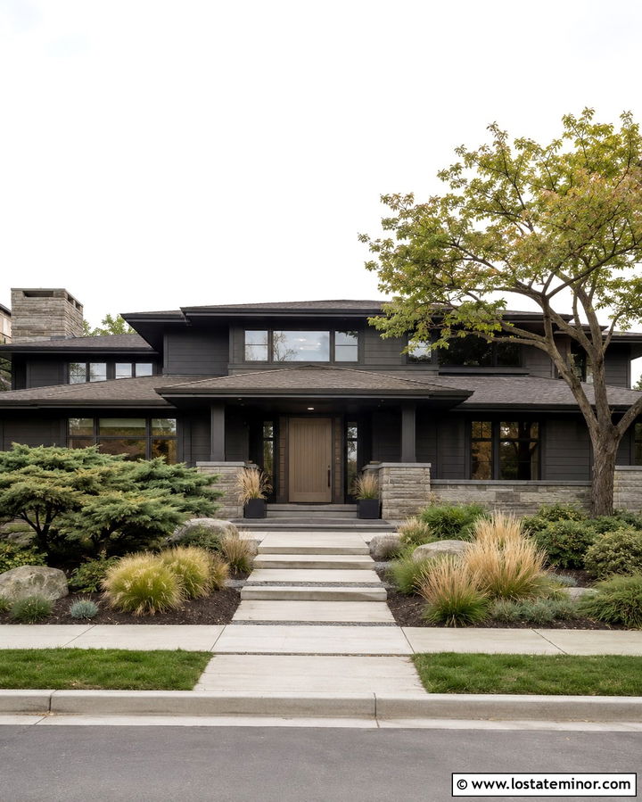 Soft Black Prairie House With Taupe Front Door - 30 Soft Black House Design With Front Door Ideas
