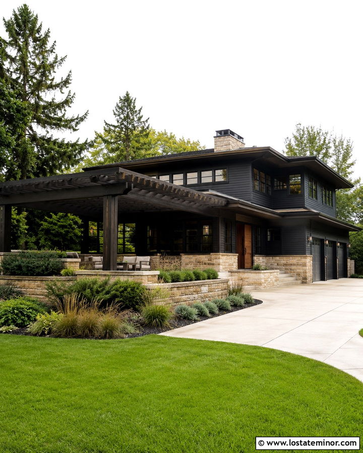 Soft Black Prairie House With Wide Pergola - 30 Soft Black House Design With Pergola Ideas