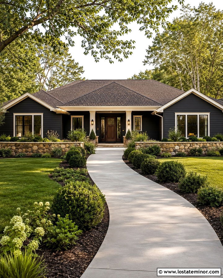 Soft Black Ranch House With Bronze Storm Door - 30 Soft Black House Design With Storm Door Ideas
