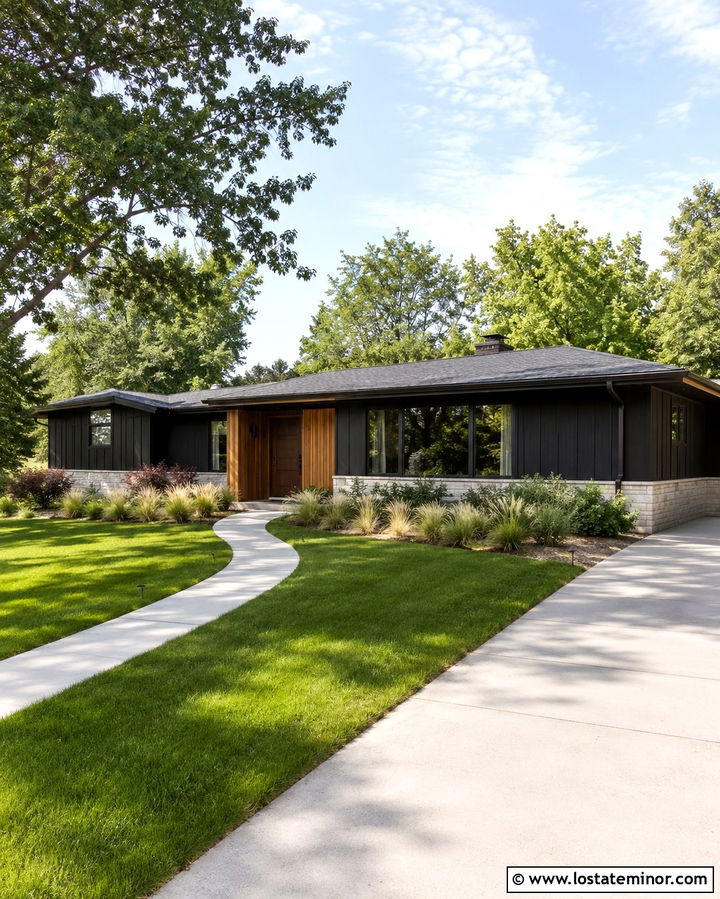 Soft Black Ranch House With Bronze Window Frames - 30 Soft Black House Design With Window Frames Ideas