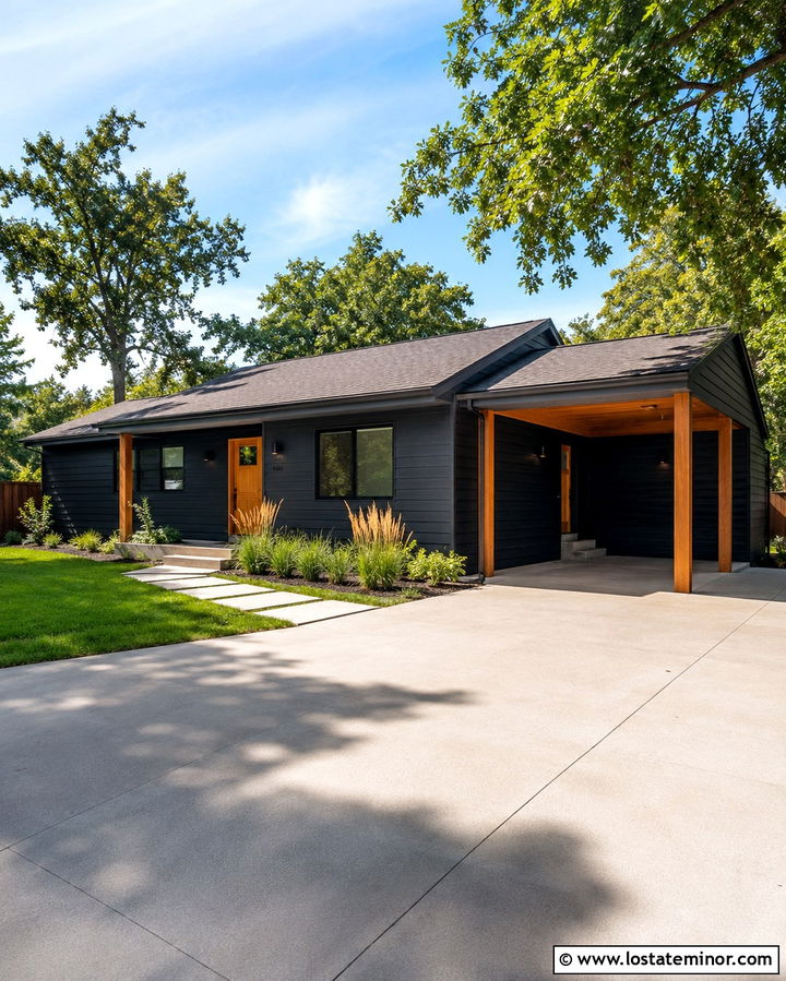 Soft Black Ranch House With Cedar Carport - 30 Soft Black House Design With Carport Ideas