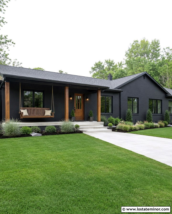 Soft Black Ranch House With Cedar Swing - 30 Soft Black House Design With Swing Ideas