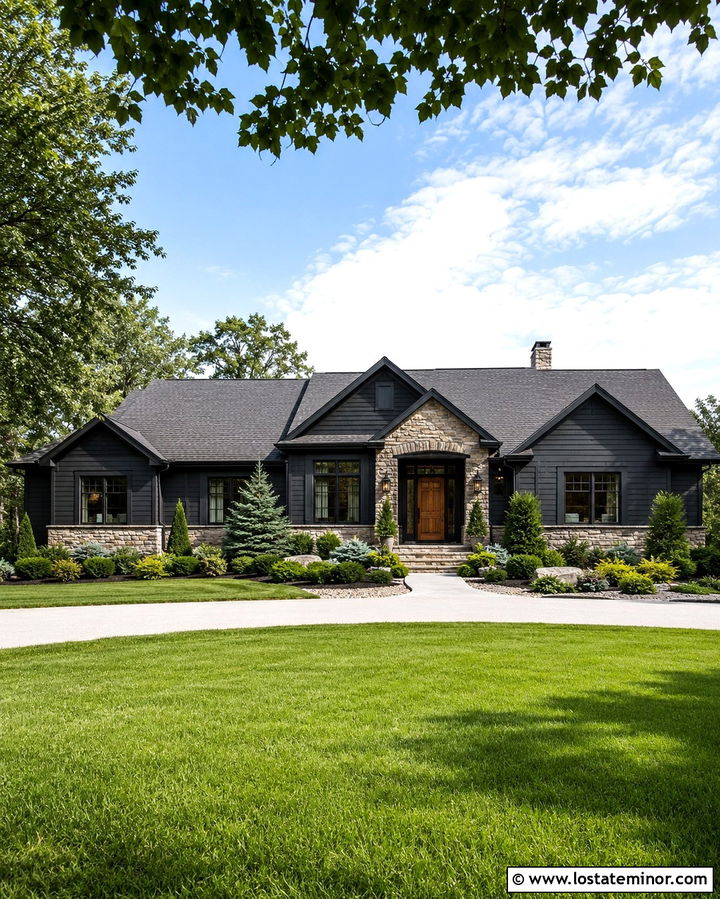 Soft Black Ranch House With Fieldstone - 30 Soft Black House Design With Stone Accents Ideas