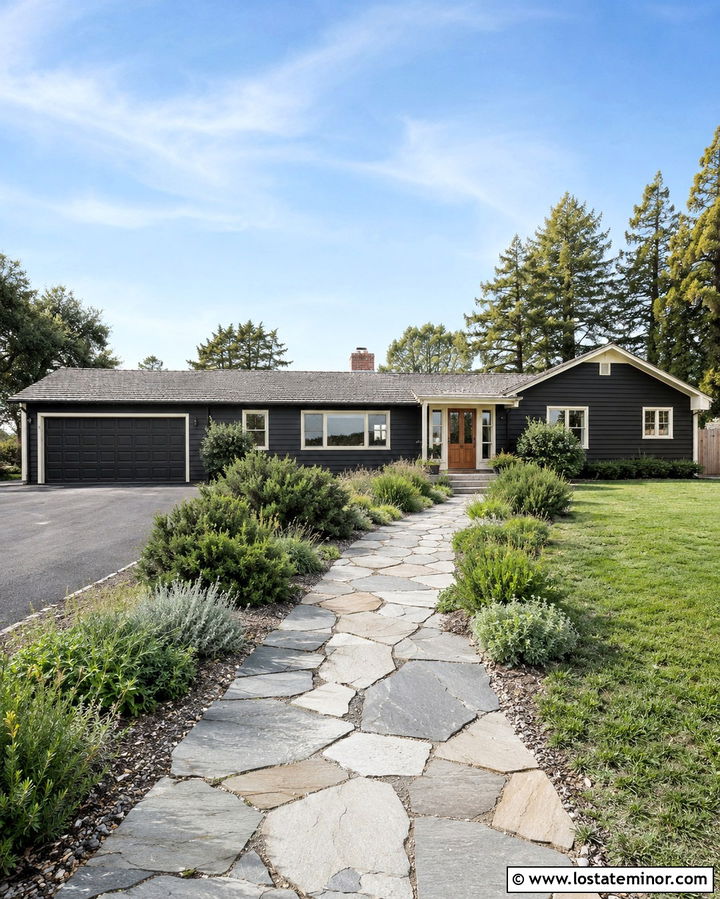 Soft Black Ranch House With Flagstone Walkway - 30 Soft Black House Design With Walkway Ideas