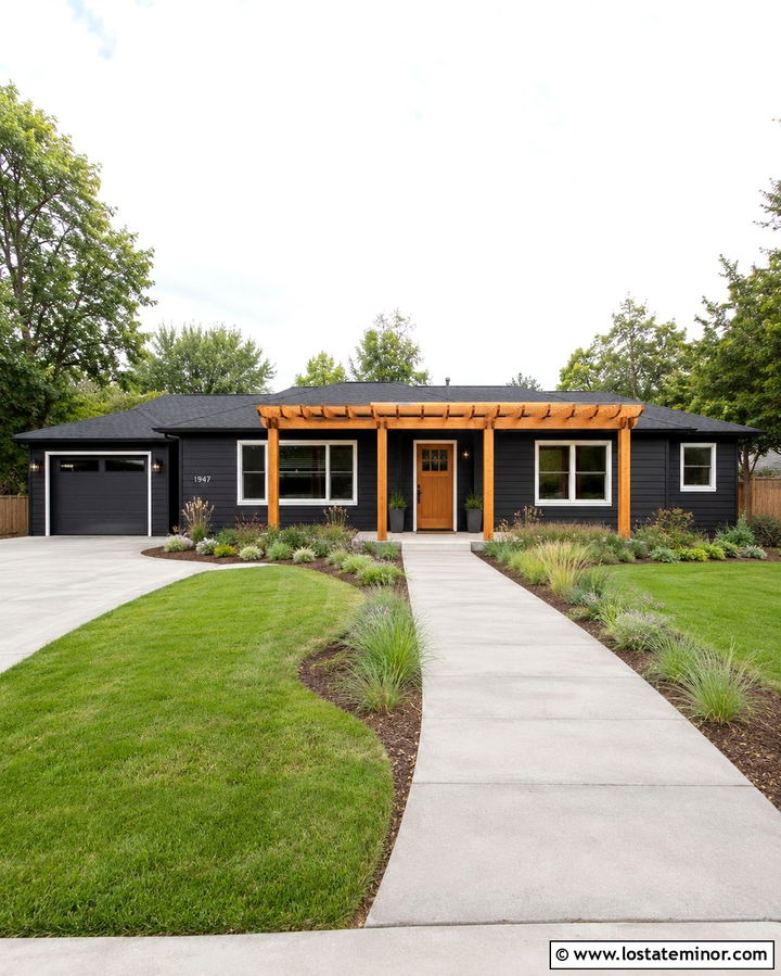 Soft Black Ranch House With Front Pergola - 30 Soft Black House Design With Pergola Ideas
