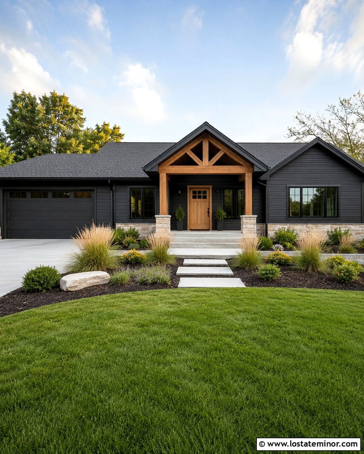 Soft Black Ranch House With Gabled Entry - 30 Soft Black House Design With Gables Ideas