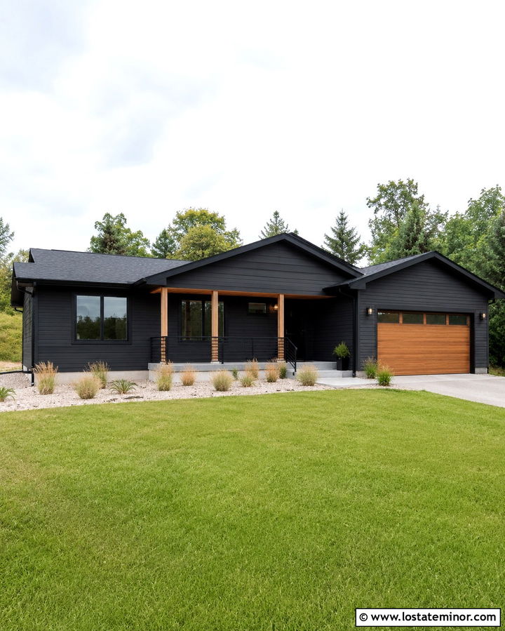 Soft Black Ranch House With Horizontal Railings - 30 Soft Black House Design With Railings Ideas