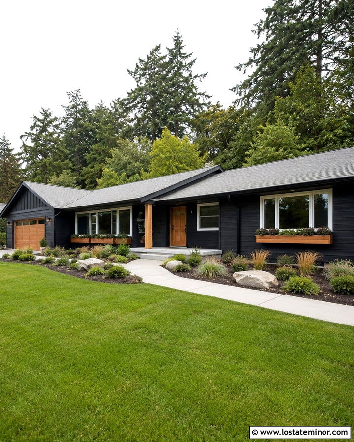 Soft Black Ranch House With Long Cedar Window Boxes - 30 Soft Black House Design With Window Boxes Ideas
