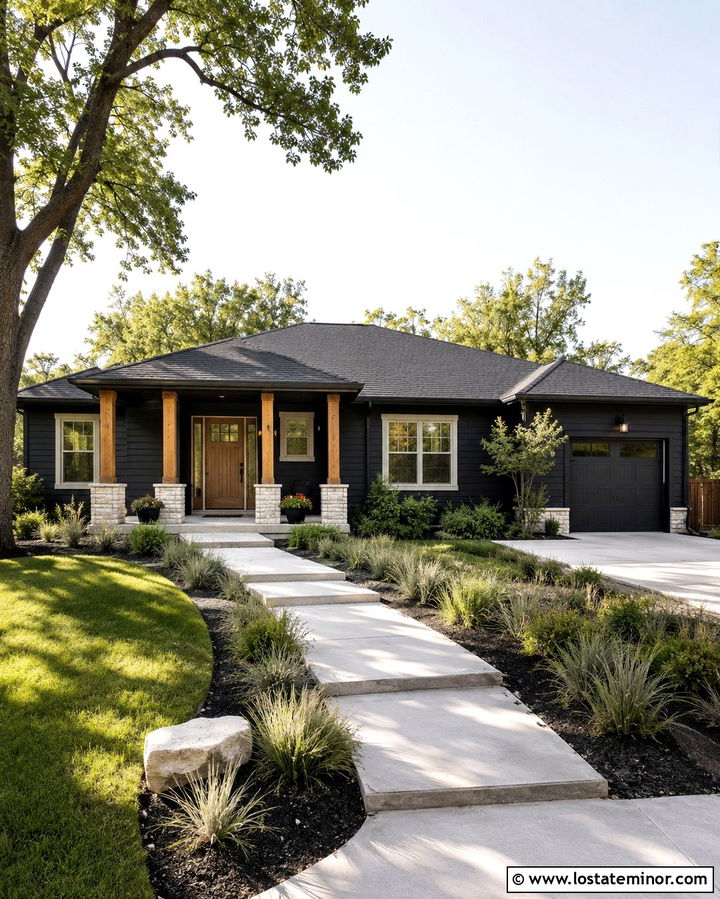 Soft Black Ranch House With Low Portico - 30 Soft Black House Design With Portico Ideas