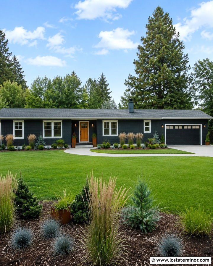 Soft Black Ranch House With Ornamental Grasses - 30 Soft Black House Design With Landscaping Ideas