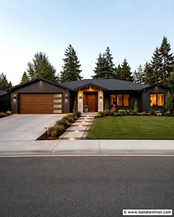 Soft Black Ranch House With Path Lighting - 30 Soft Black House Design With Lighting Ideas