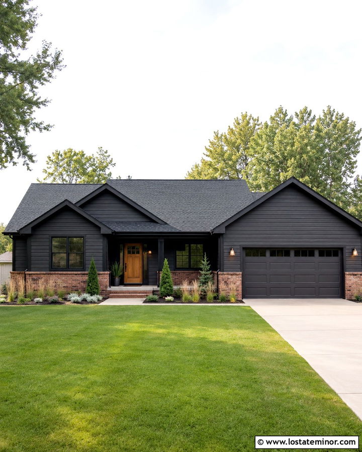 Soft Black Ranch House With Red Brick Skirting - 30 Soft Black House Design With Brick Accents Ideas