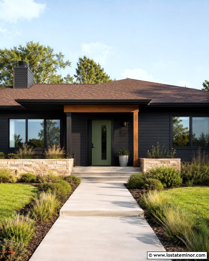 Soft Black Ranch House With Sage Green Front Door - 30 Soft Black House Design With Front Door Ideas