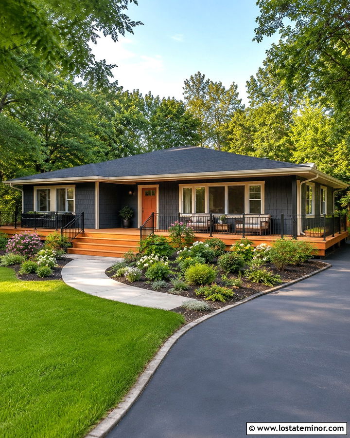 Soft Black Ranch House With Wraparound Deck - 30 Soft Black House Design With Deck Ideas