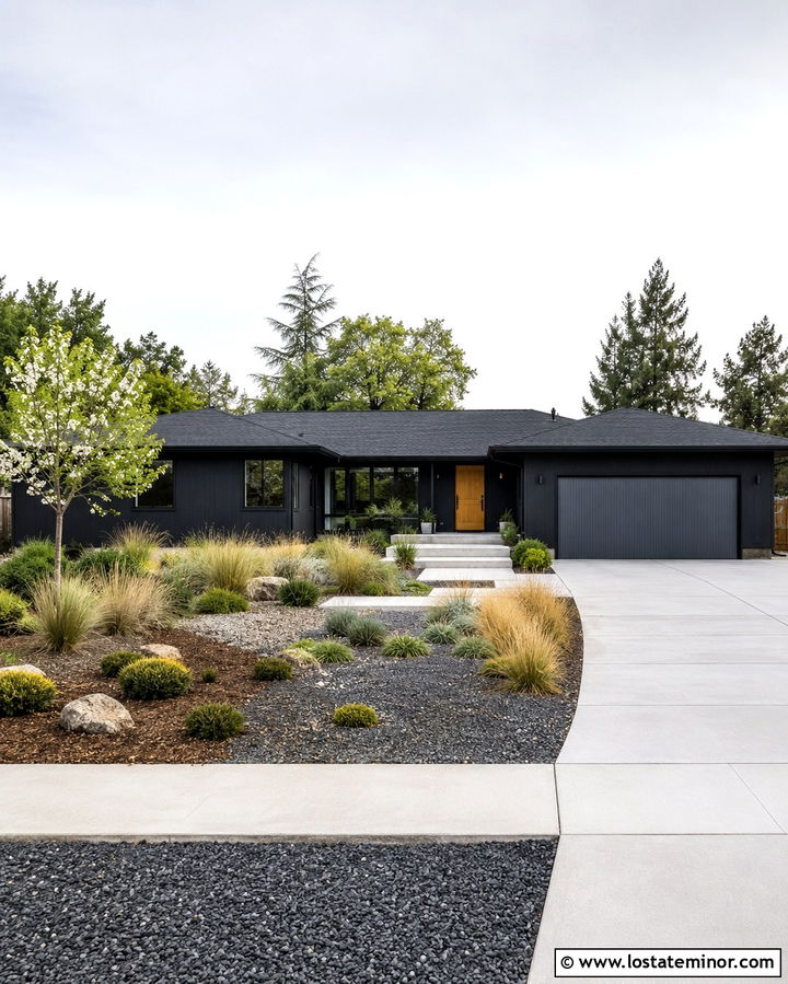 Soft Black Ranch With Gray Garage Door - 30 Soft Black House Design With Garage Door Ideas
