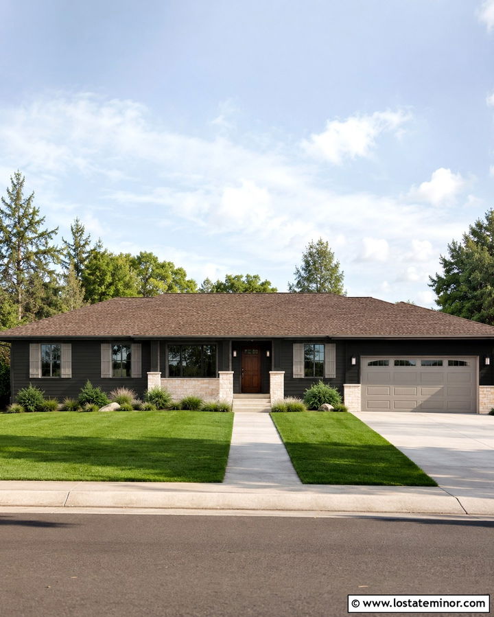 Soft Black Ranch With Greige Shutters - 30 Soft Black House Design With Shutters Ideas